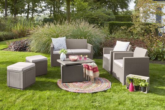 Allibert by Keter Cube Ottoman with Storage, grey, includes cushion, removable lid, flat rattan look, weatherproof, 42x42x39cm