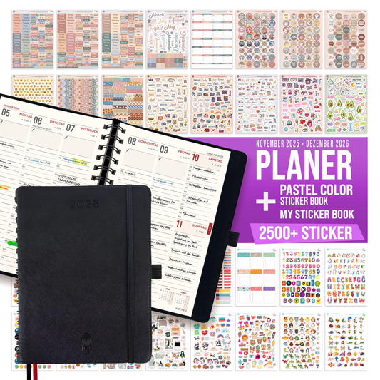 colortouch Appointment Calendar 2026 with 2500+ St Planner Sticker Set, Calendar Stickers Album for Planner, Agenda, Journal, Notebook, A5 Appointment Planner in German, 14 Months Softcover Book Calendar
