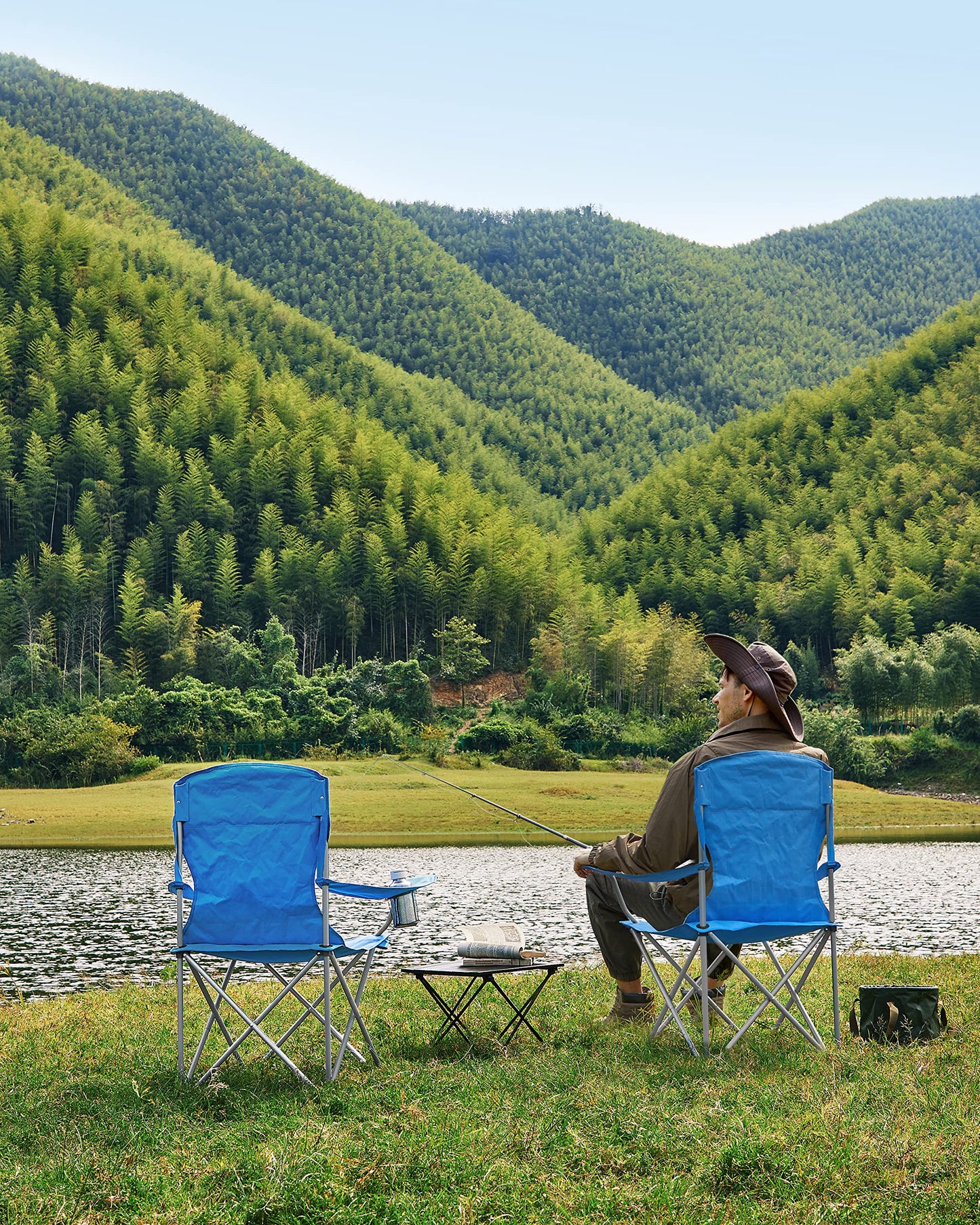 SONGMICS 2-Pack Camping Chairs, Foldable Outdoor Chairs, Fishing Chairs, High Backrest, Armrests, Cup Holder, Supports up to 150 kg, Portable for Camping, Garden, Patio, Blue GCB08BU