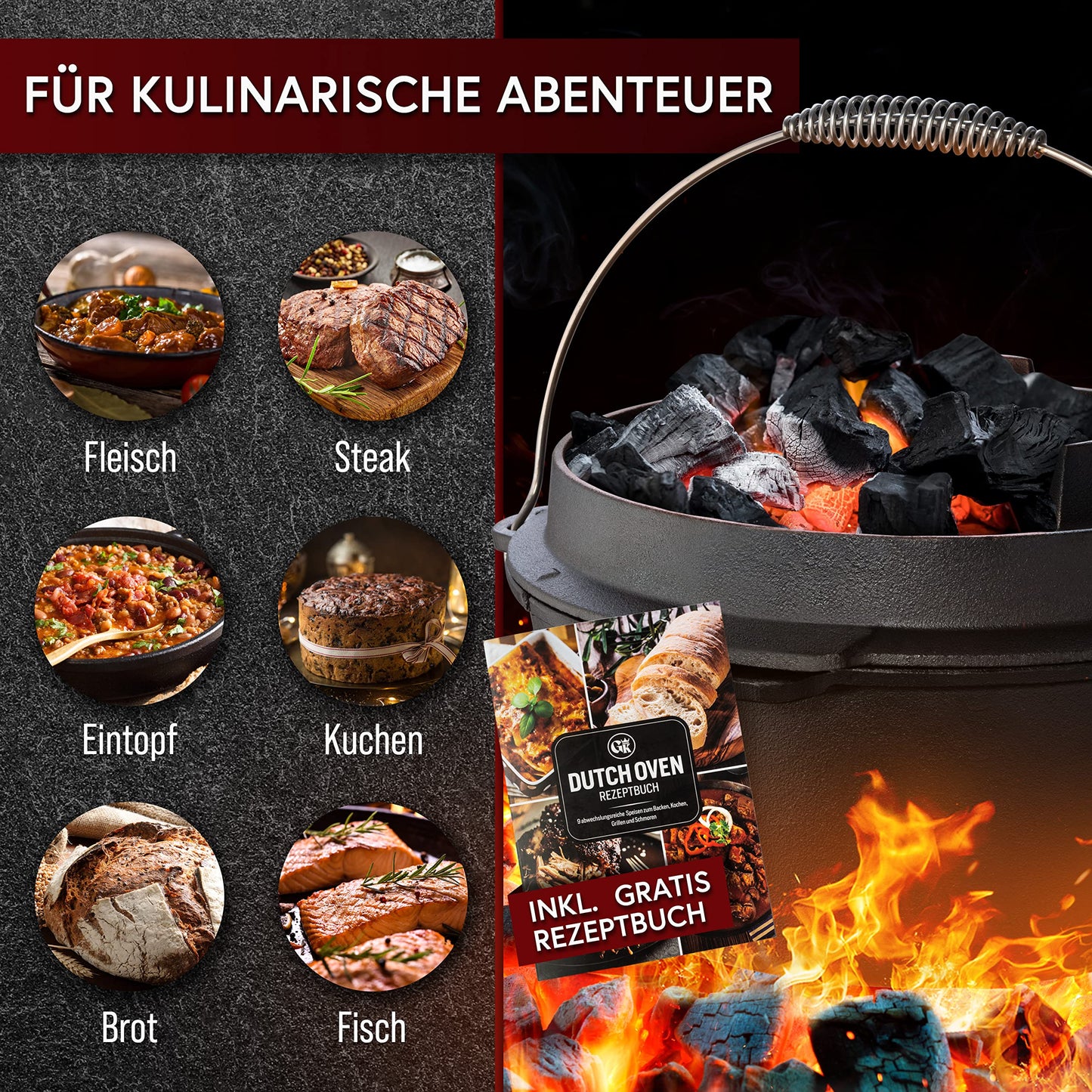 GUSSKÖNIG Dutch Oven Set - Seasoned 6 Liter Dutch Oven - Cast Iron Fire Pot with Feet - Dual Function Dutch Oven - including 2in1 Lid Lifter, Dutch Oven Recipe Book [for 2-4 people]