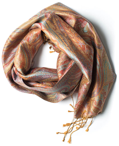 Ufash Pashmina 100% silk scarf from India for women & men, Paisley pattern, 160 x 35 cm - Pure silk scarf, Brown.