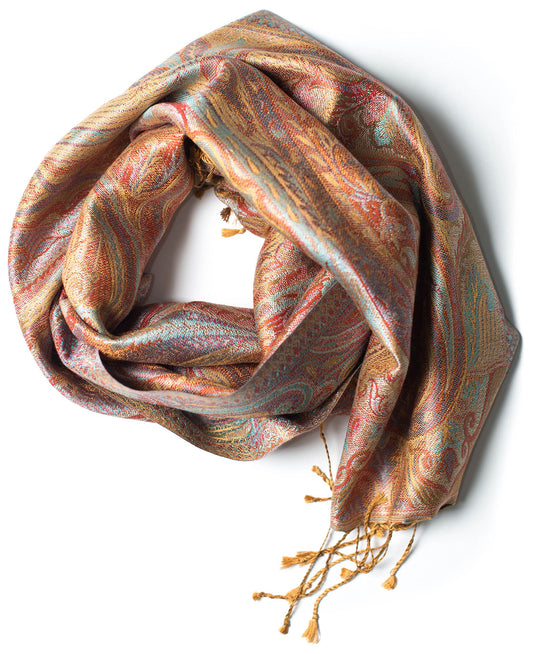 Ufash Pashmina 100% silk scarf from India for women & men, Paisley pattern, 160 x 35 cm - Pure silk scarf, Brown.