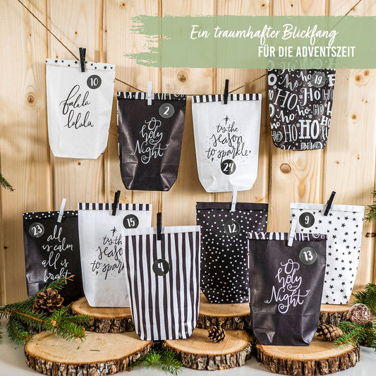 Paper Dragons Advent Calendar 2025 for filling - 24 black and white printed gift bags and 24 number stickers - Design Holy Night black & white - for crafting and gifting - Christmas