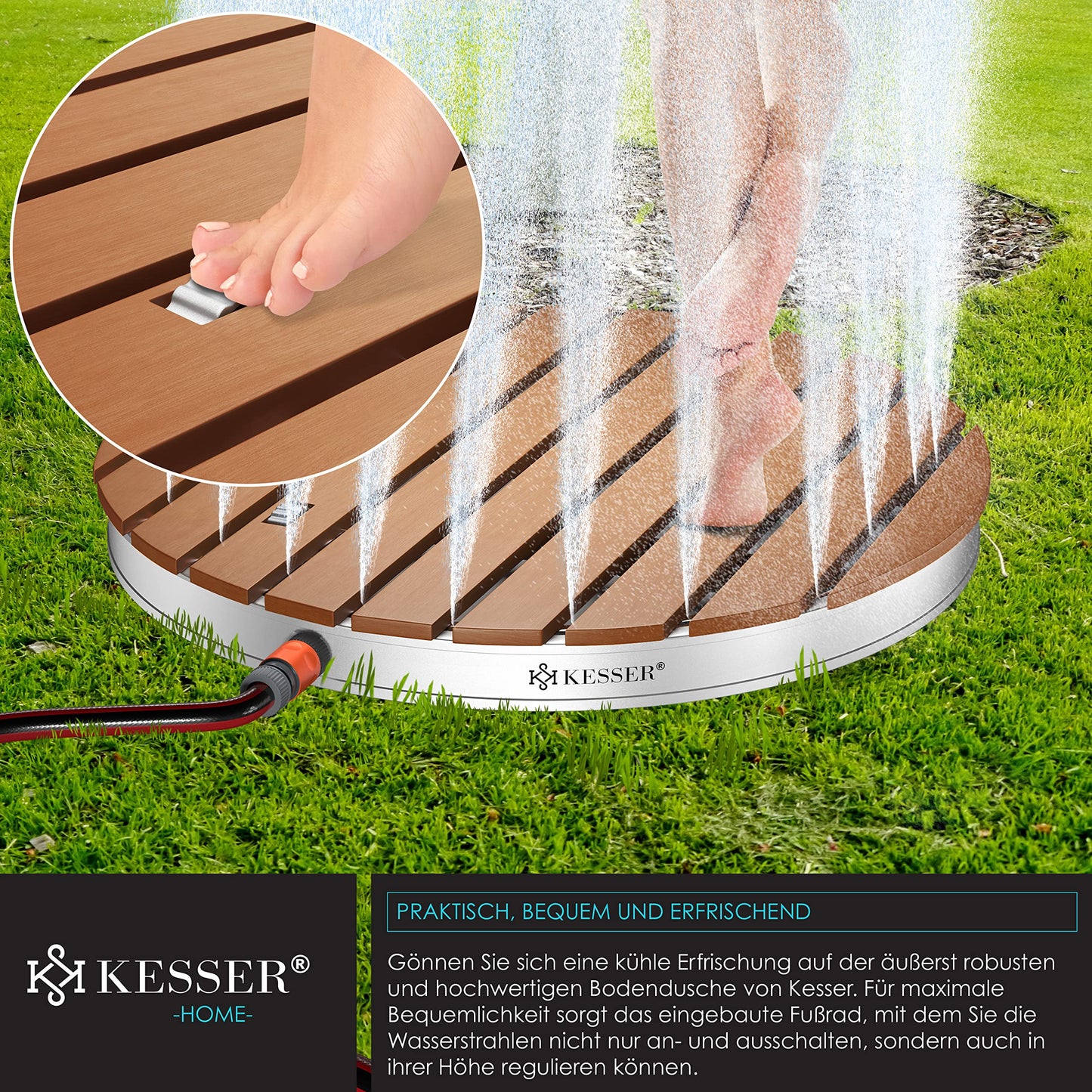 KESSER® garden shower floor shower outdoor shower sauna shower camping shower Ø 70 cm round fountain height up to 4 m adjustable with foot pedal, aluminum/WPC, non-slip weatherproof, wood look