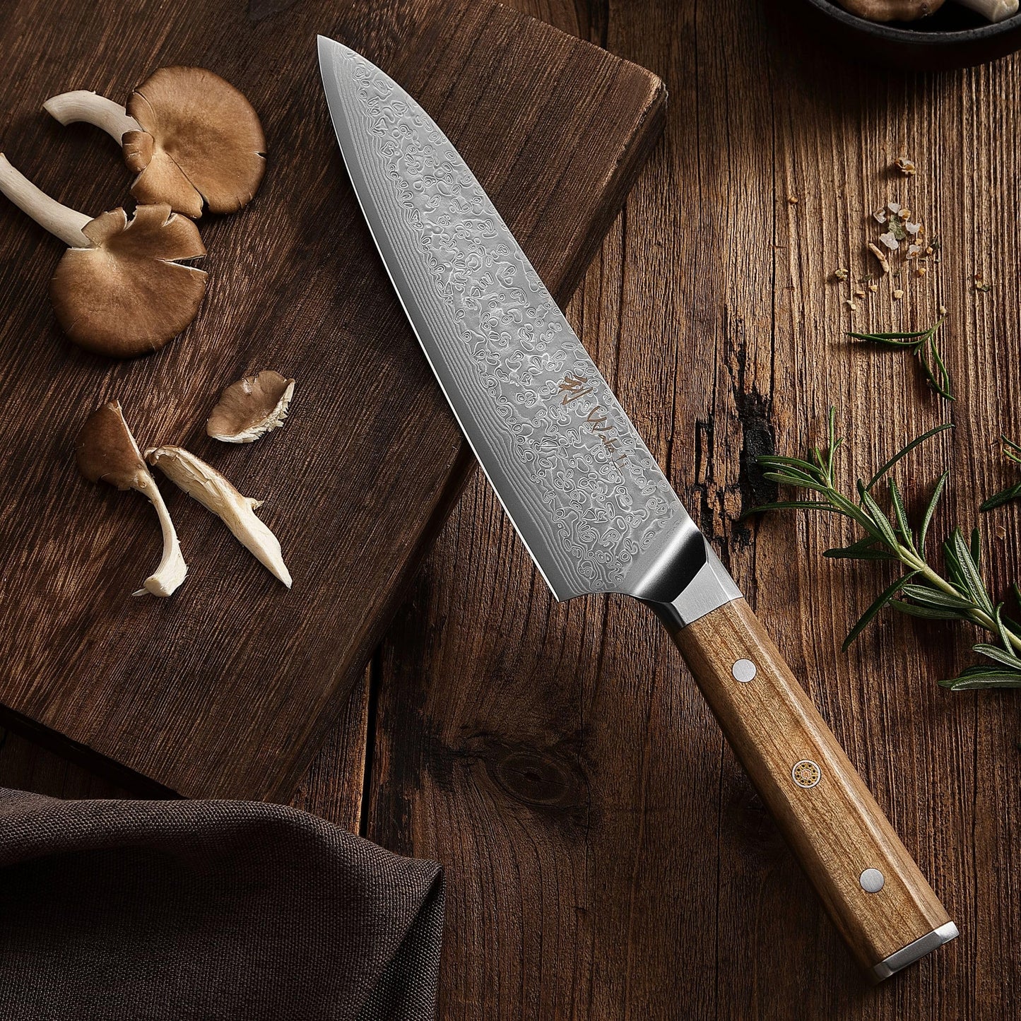 Wakoli Oribu Kiritsuke Knife 20 cm - Kitchen knife made of 67 layers - Damascus knife with VG10 core, extra sharp, olive wood handle, versatile for meat, fish, vegetables, gift box, full tang knife sharp