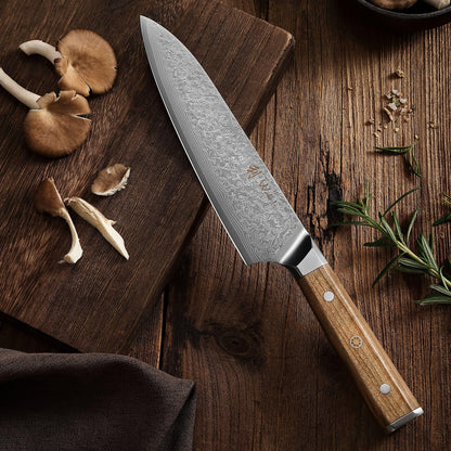 Wakoli Oribu Kiritsuke Knife 20 cm - Kitchen knife made of 67 layers - Damascus knife with VG10 core, extra sharp, olive wood handle, versatile for meat, fish, vegetables, gift box, full tang knife sharp