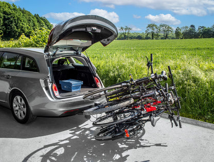 EUFAB 11556 Bike Carrier AMBER 4, suitable for E-Bikes, partially pre-assembled, theft protection, fits 4 bikes, for tow hitch, Black, approx. 102 x 83 x 72 cm