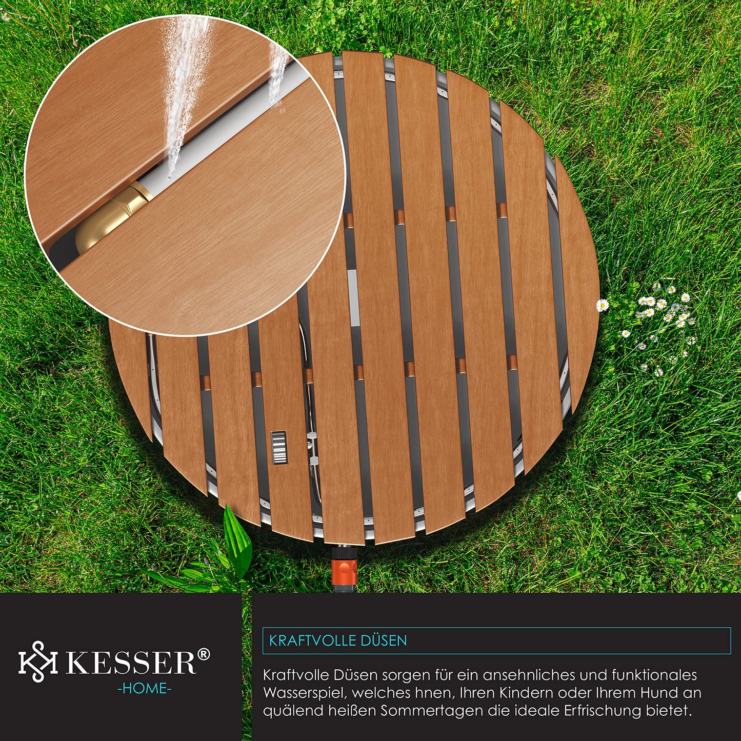 KESSER® garden shower floor shower outdoor shower sauna shower camping shower Ø 70 cm round fountain height up to 4 m adjustable with foot pedal, aluminum/WPC, non-slip weatherproof, wood look