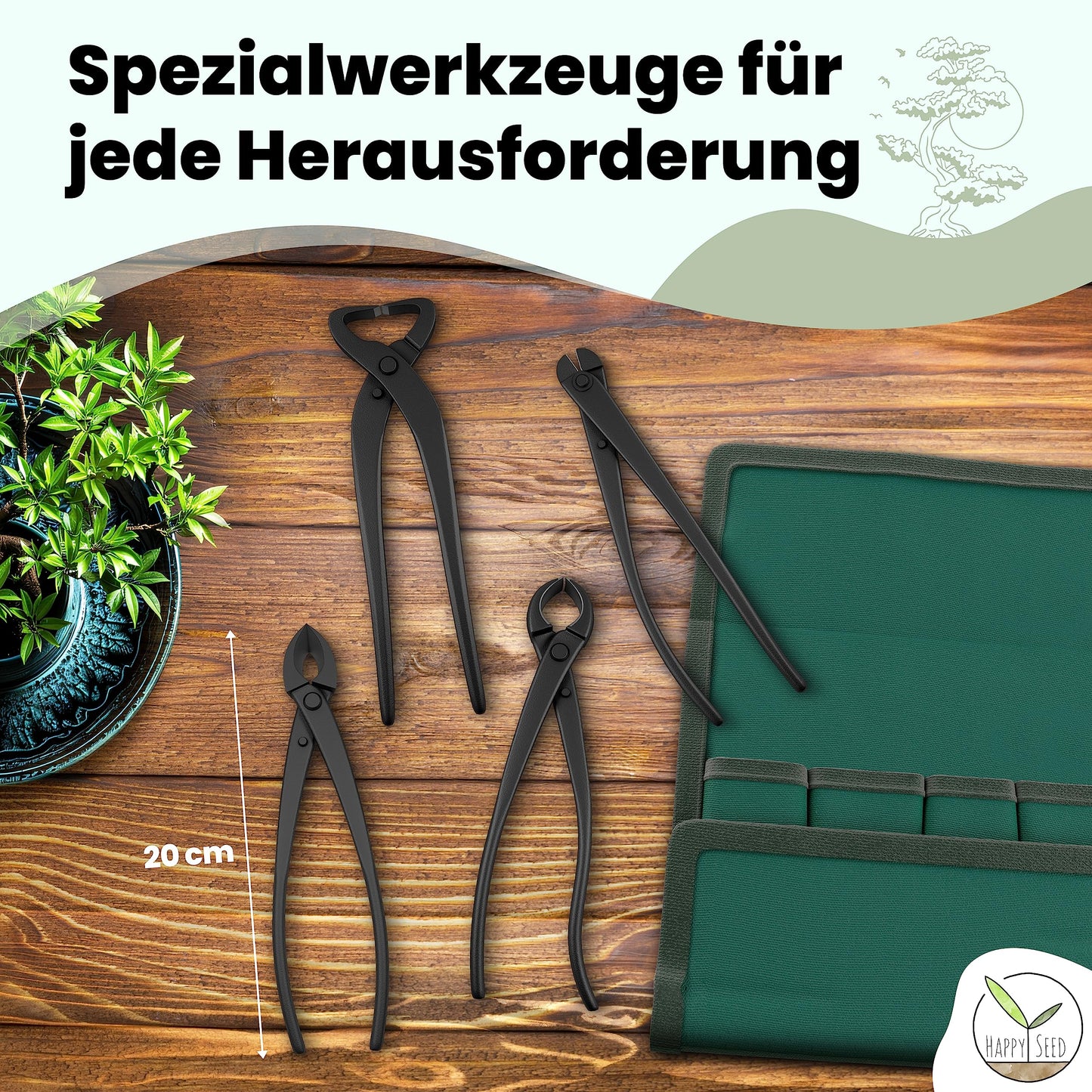 Bonsai tool set professional 4-piece made of steel with practical storage bag - Traditional bonsai tool ideal for wires, branches, buds & roots.