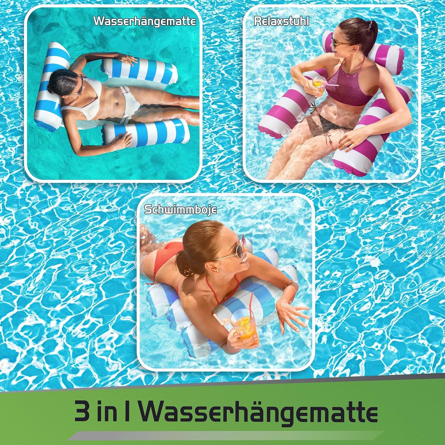 Balinco inflatable air mattress pool chair with backrest and armrests, swimming seat, pool chair, sun lounger, water relaxation chair (light blue/white + pink/white)