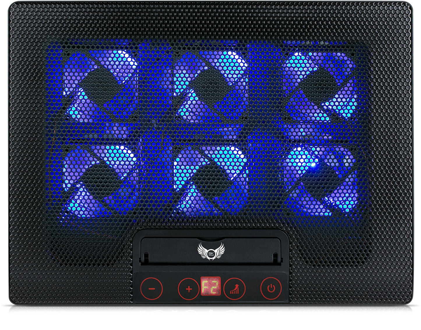 skgames notebook laptop cooler gaming stand pad for 10-17 inch, 6 x LED fans, LCD fan control, 7 levels height adjustment, blue