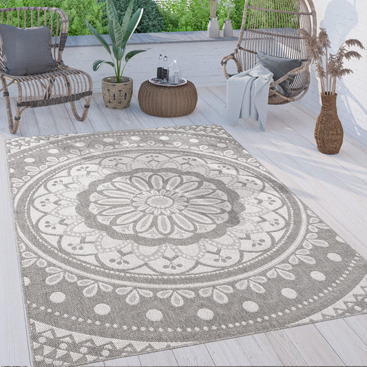 Paco Home outdoor rug weatherproof & durable modern mandala & boho design easy to clean & flat woven for balcony, patio, garden, living room & kitchen. Ethno Mandala, Size: 80x150 cm, Color: Grey.