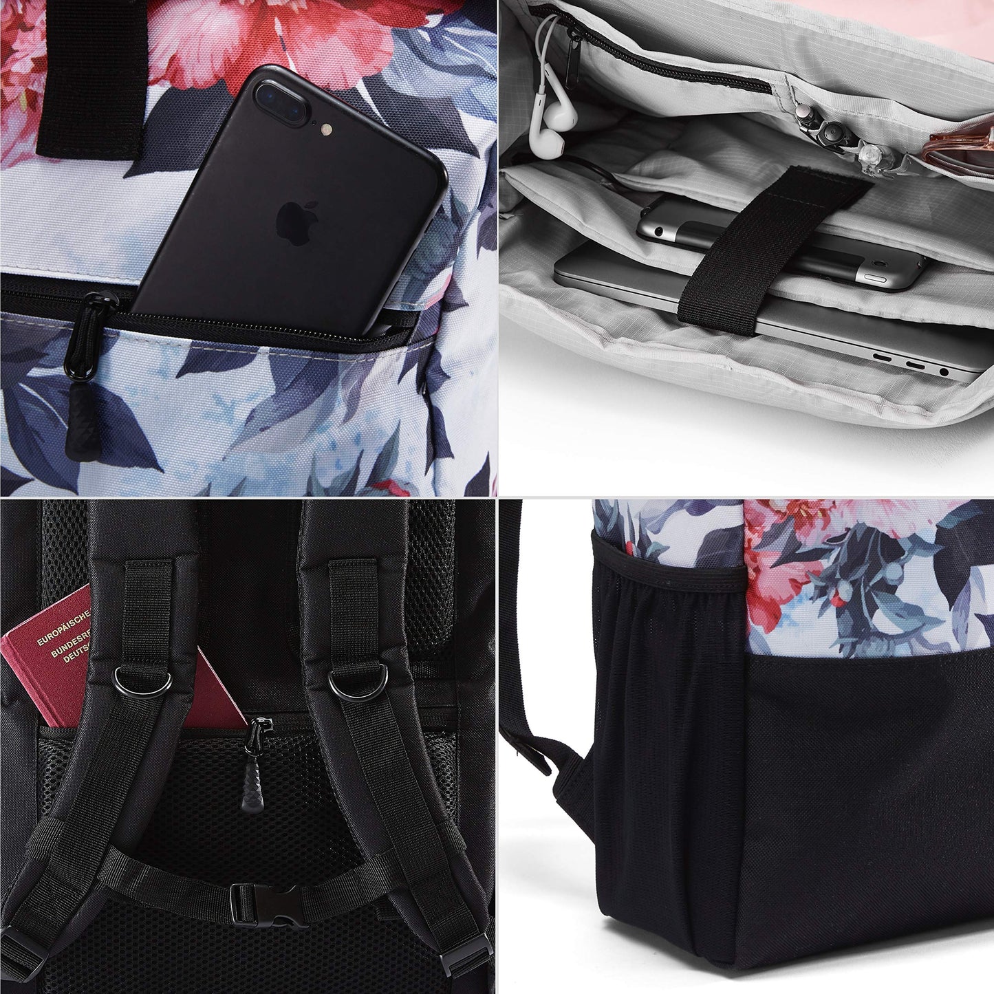 Ela Mo Women's Backpack - Rolltop design, stylish and functional - Laptop backpacks for women - Anti-theft bag for school, college, business (Bloom!)