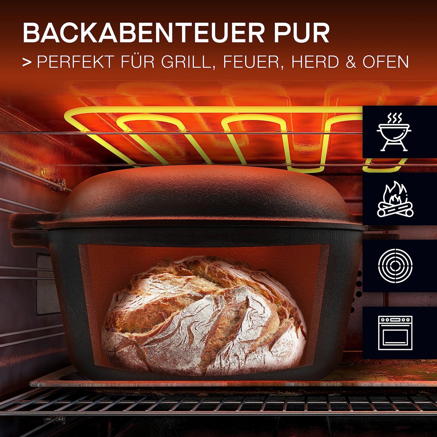 Visit Bread Pot Set [including proofing basket + brush + recipe book] Non-stick Patina Cast Iron Pot ⌀26 cm [5.5 liters] for baking bread - Bread loaf tin suitable for induction stove, pre-seasoned, round with lid.