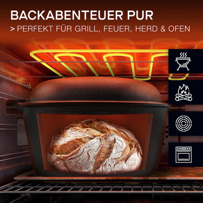 Visit Bread Pot Set [including proofing basket + brush + recipe book] Non-stick Patina Cast Iron Pot ⌀26 cm [5.5 liters] for baking bread - Bread loaf tin suitable for induction stove, pre-seasoned, round with lid.