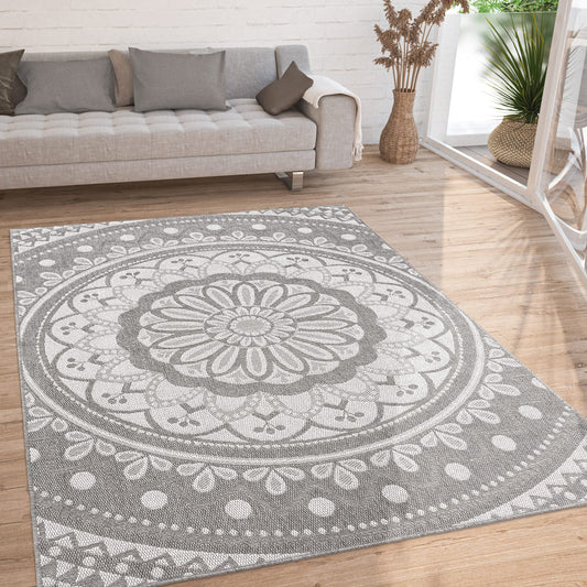 Paco Home outdoor rug weatherproof & durable modern mandala & boho design easy to clean & flat woven for balcony, patio, garden, living room & kitchen. Ethno Mandala, Size: 80x150 cm, Color: Grey.