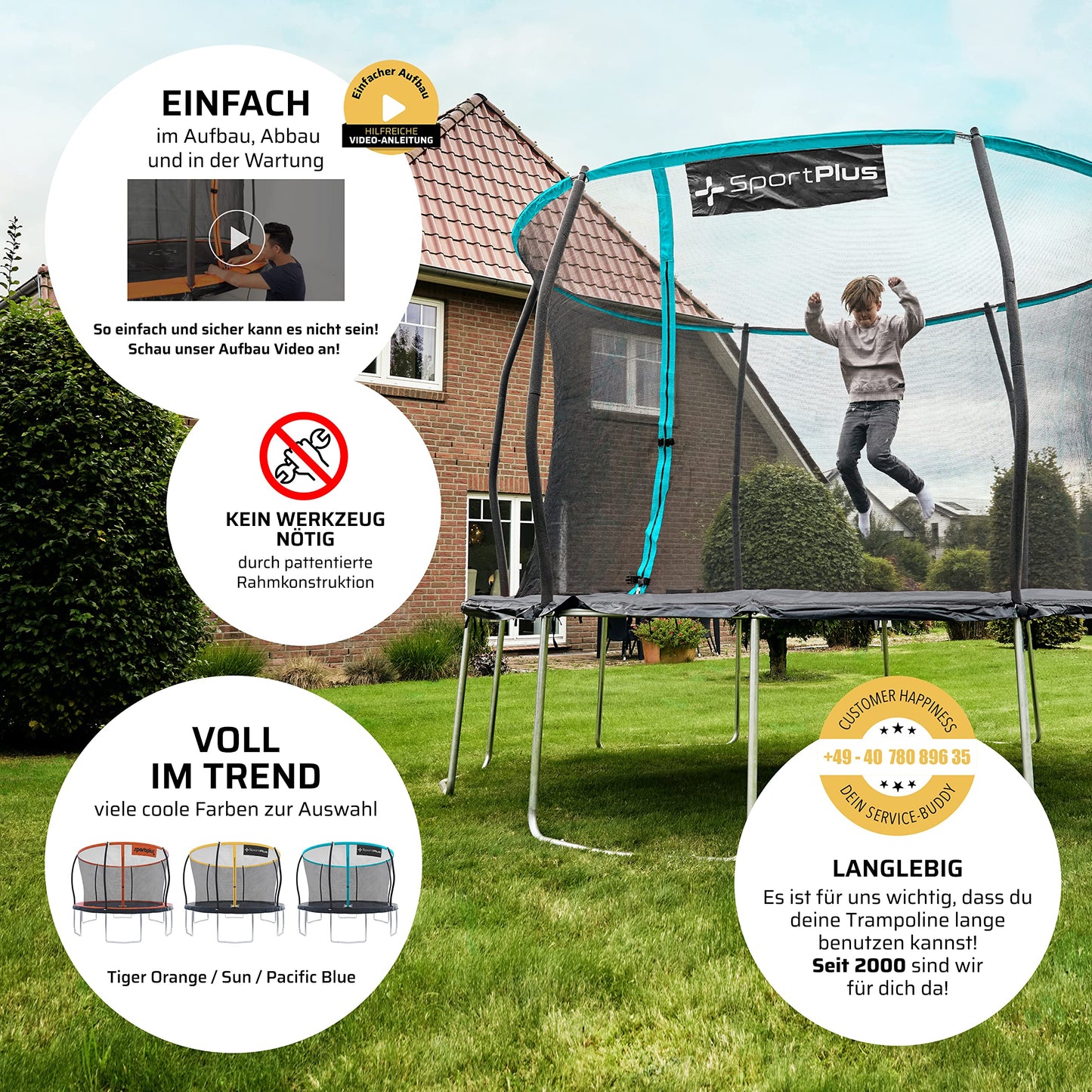 SportPlus Trampoline Outdoor 305cm & 366cm, kids trampoline with edge protection, outer poles & inner net, sturdy frame construction, garden trampoline, also for adults up to 120/150kg - GS certified