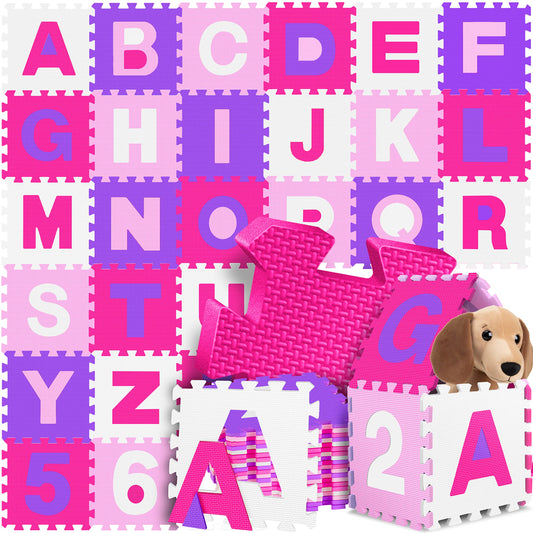 KIDIZ® Play Mat 86-Piece Play Carpet Puzzle Mat Kids Carpet Protective Mat Children's Play Carpet Foam Mat ABC Learning Carpet Puzzle Carpet Puzzle Numbers Letters Size per Mat approx. 31.5x31.5cm Pink