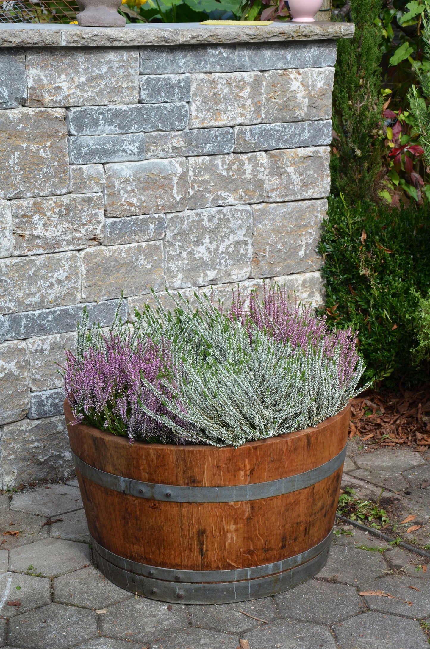 Wooden barrel used as a plant pot, wine barrel halved and oiled (D70 cm) (with handle loops and drainage holes)