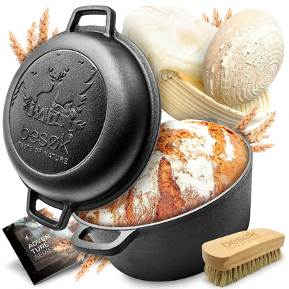 Visit Bread Pot Set [including proofing basket + brush + recipe book] Non-stick Patina Cast Iron Pot ⌀26 cm [5.5 liters] for baking bread - Bread loaf tin suitable for induction stove, pre-seasoned, round with lid.