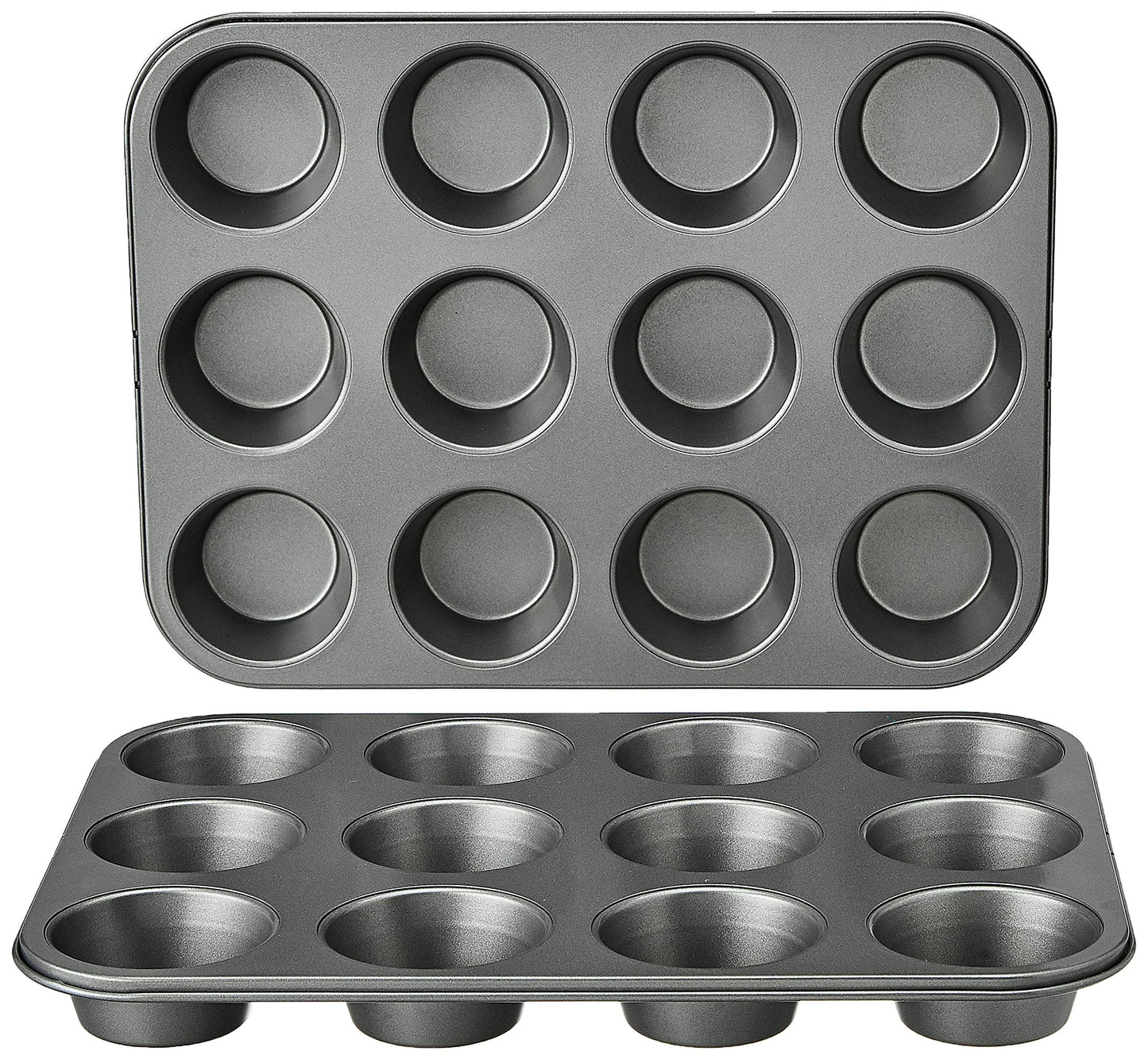 Amazon Basics Round Muffin Pan, Non-Stick Coating, Carbon Steel, 2-Pack, Gray, 13.9"x10.55"x1.22"