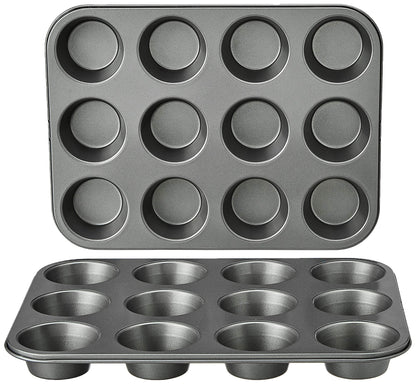 Amazon Basics Round Muffin Pan, Non-Stick Coating, Carbon Steel, 2-Pack, Gray, 13.9"x10.55"x1.22"