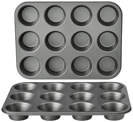 Amazon Basics Round Muffin Pan, Non-Stick Coating, Carbon Steel, 2-Pack, Gray, 13.9"x10.55"x1.22"