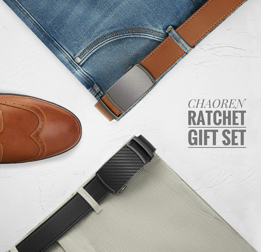 CHAOREN Men's Belt 2-Pack, 35mm Automatic Leather Belt with Ratchet - Customizable Fit, Great as a Gift.