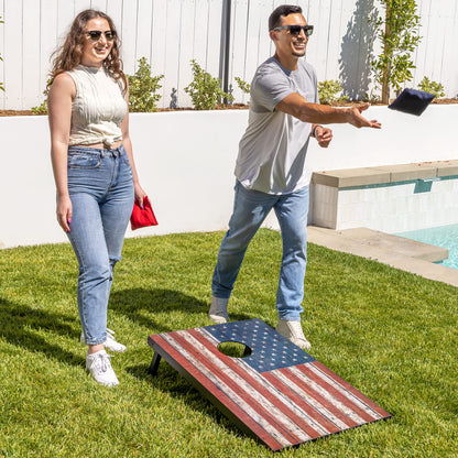 GoSports Cornhole Game Set with American Flag design, 90 x 60 cm, includes two 90 x 60 cm boards, 8 bean bags, and carrying case.