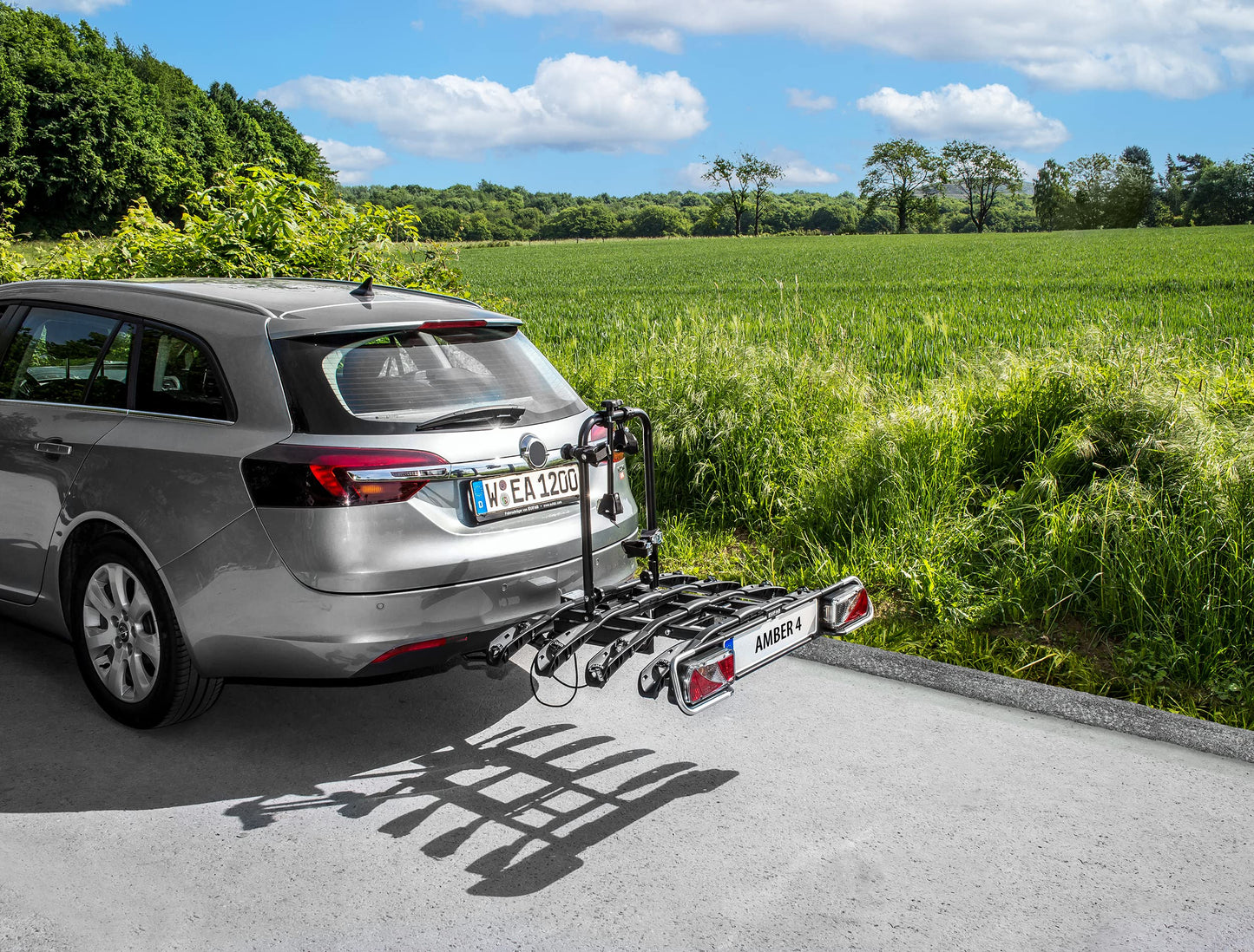 EUFAB 11556 Bike Carrier AMBER 4, suitable for E-Bikes, partially pre-assembled, theft protection, fits 4 bikes, for tow hitch, Black, approx. 102 x 83 x 72 cm