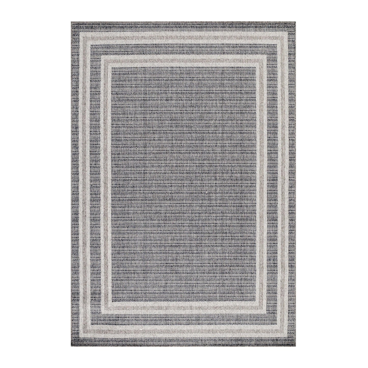 HomebyHome outdoor rug in grey, 60x100 cm. Ideal for kitchen, patio, balcony, garden, camping, living room, and bedroom. Border design, made of polypropylene with 7mm flatweave construction. Easy to care for.