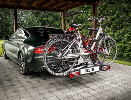 EUFAB 11535 Bike Carrier BIKE LIFT, suitable for E-Bikes, fully pre-assembled, electric lowering function, anti-theft protection, for 2 bikes, for towbar, 135x74x74cm