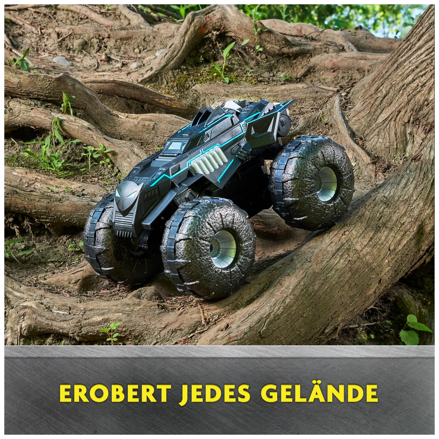 DC Batman All-Terrain Batmobile, remote-controlled amphibious vehicle for land and water with room for 1x 10cm Batman action figure.