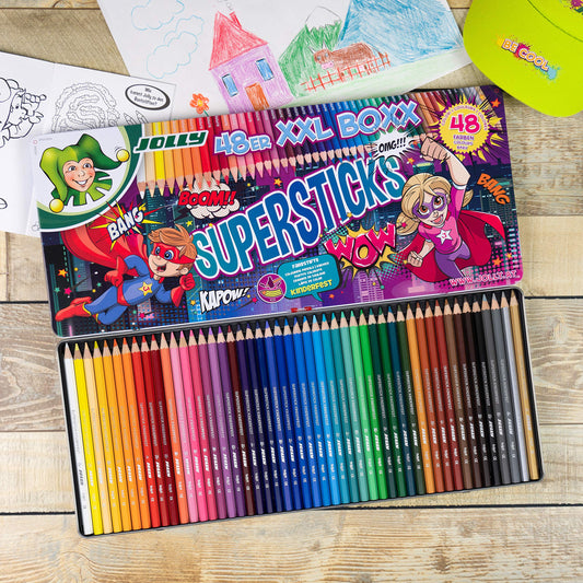 JOLLY Supersticks Colored Pencils Kids Party XXL Box Version 1, Break-resistant & non-toxic crayons, Made in Austria, 48 pencils