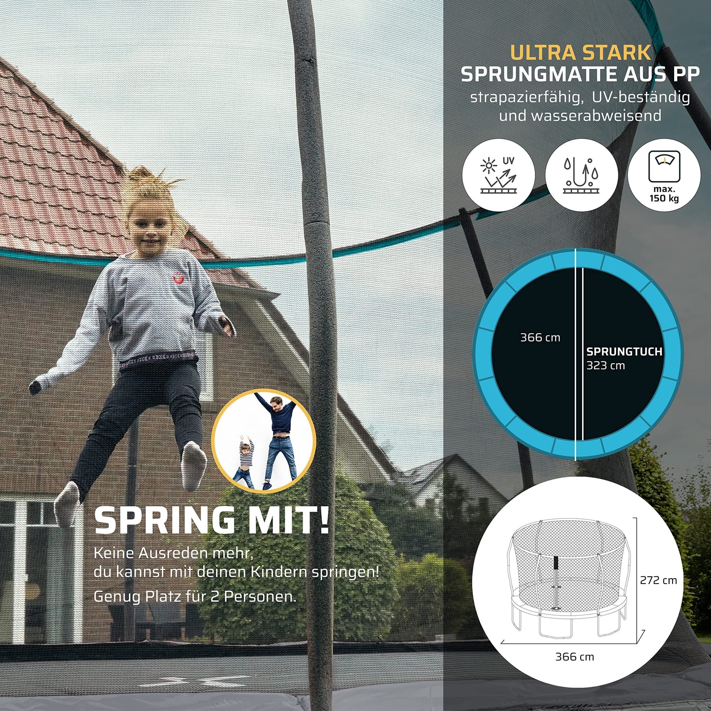 SportPlus Trampoline Outdoor 305cm & 366cm, kids trampoline with edge protection, outer poles & inner net, sturdy frame construction, garden trampoline, also for adults up to 120/150kg - GS certified