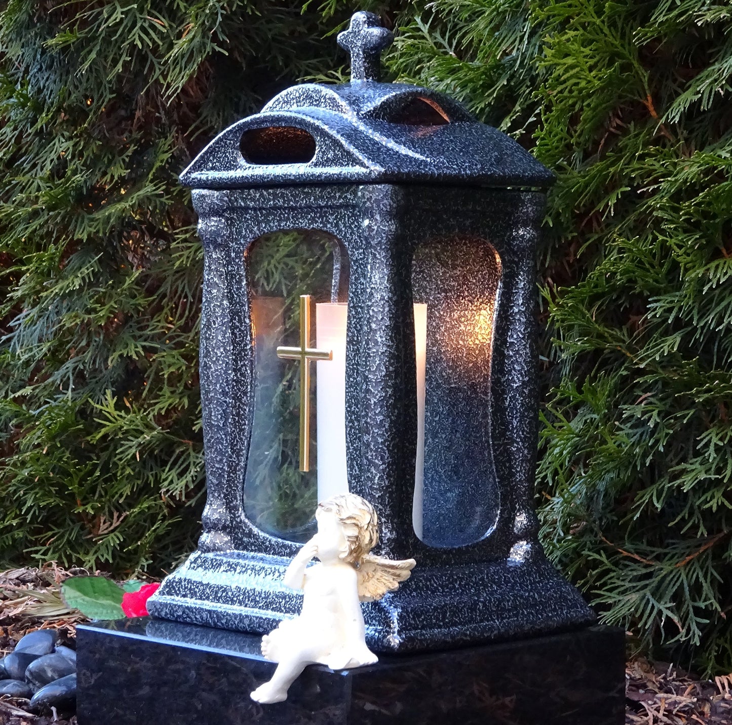 Grave lamp Basilica Massive Grave Lantern Silver 30.0cm with Cross incl. Grave adornment Grave light Candle Grave candle Grave lamp Lantern Light Candle Cemetery Garden Grave decoration Grave decor