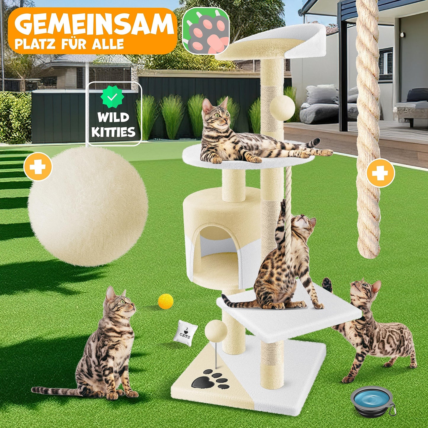LOVPET® Cat Tree Climbing Tree, with sisal poles, stable, with cave, play balls, playing sisal & play rope, height 112cm, with many cuddling and playing opportunities, Beige/White