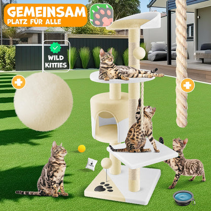 LOVPET® Cat Tree Climbing Tree, with sisal poles, stable, with cave, play balls, playing sisal & play rope, height 112cm, with many cuddling and playing opportunities, Beige/White