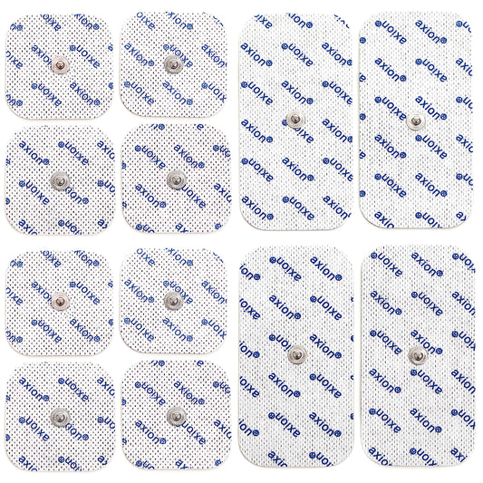 12-piece assorted set of TENS EMS electrode pads with snap button - compatible with TENS devices & EMS trainers from Sanitas (like SEM 40,41) & Beurer (like EM 40,41) | Reusable | certified medical product axion