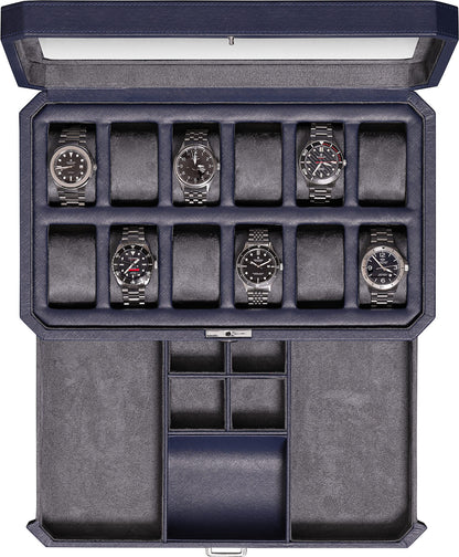 ROTHWELL 12-Slot Leather Watch Box with Valet Drawer is a luxury watch case display organizer. It features a microsuede liner and can hold men's accessories and jewelry in dark blue/grey.