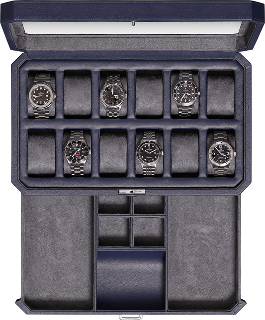 ROTHWELL 12-Slot Leather Watch Box with Valet Drawer is a luxury watch case display organizer. It features a microsuede liner and can hold men's accessories and jewelry in dark blue/grey.