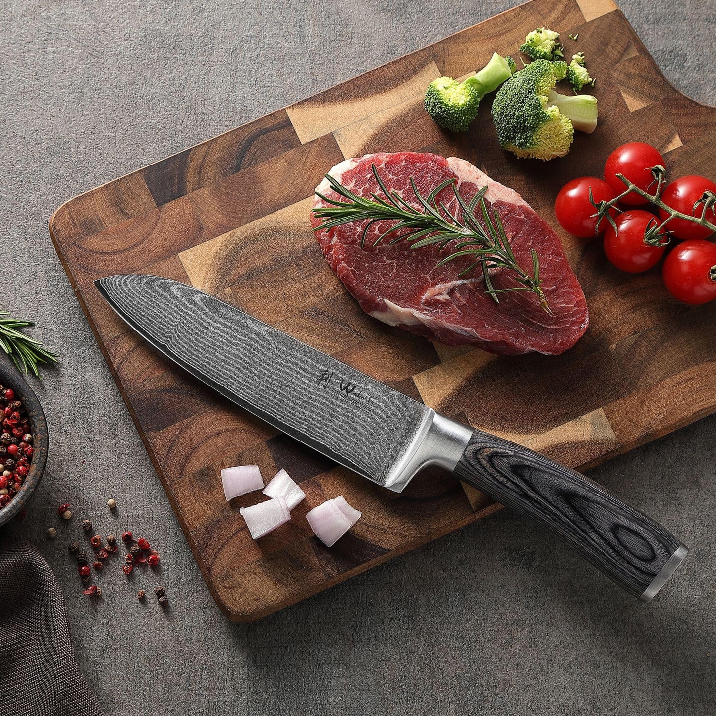 Wakoli Edis Damascus Knife Set 3-piece I Santoku Knife large and small plus Vegetable Knife Utility Knife made of 67 layers of Damascus steel with VG10 core 60±2 HRC I Pakka wood handle I Kitchen knife set in wooden box