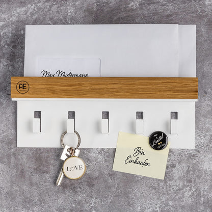 AE Günther® Key Rack Wood - White Steel Key Holder - Oak Key Board - Key Organizer with Tray - Keyring - Key Box - Wall Organizer - Key Rack (White)