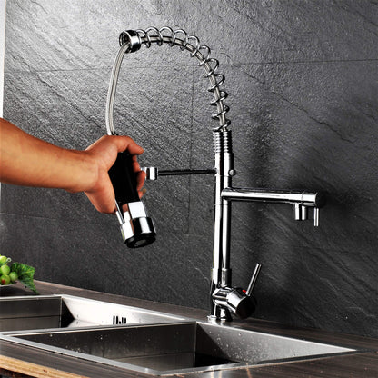 Professional kitchen sink mixer tap with shower spray, spiral spring, and extendable hose in gloss/chrome finish.