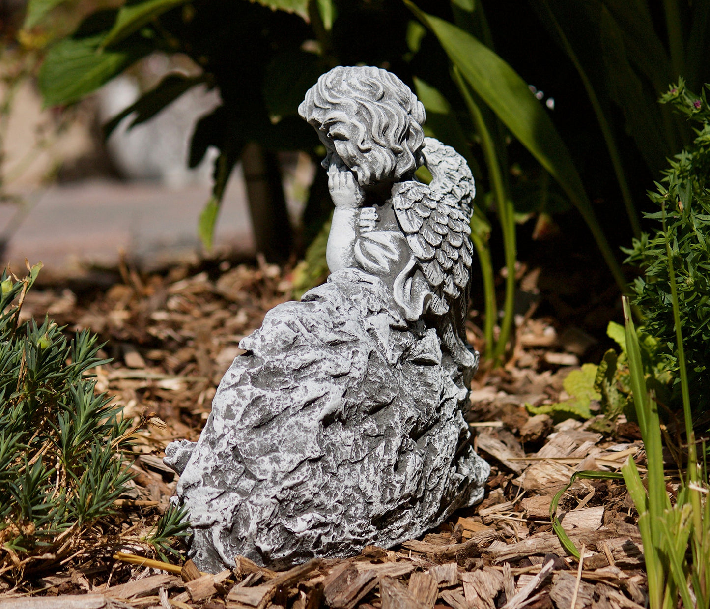 stoneandstyle grave decoration stone figure angel on rock with mourning saying, solid stone casting, frost and weather resistant