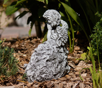 stoneandstyle grave decoration stone figure angel on rock with mourning saying, solid stone casting, frost and weather resistant