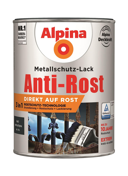 Alpina Metal Protection Paint matte - Anthracite Grey - Anti-rust paint for long-term corrosion protection - Weather and UV resistant - 2.5L