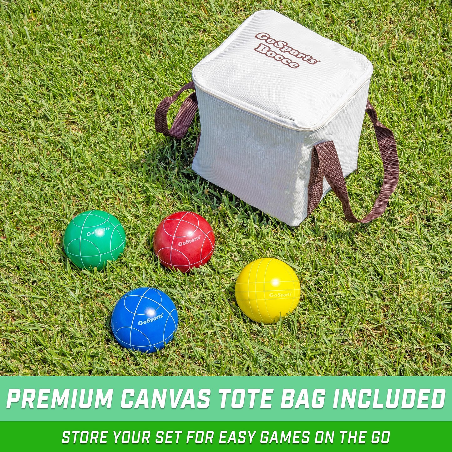 GoSports 90 mm Backyard Bocce Set with 8 balls, Pallino, case, and measuring rope - made of premium resin