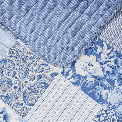 Laura Ashley - Double bed linen set, reversible cotton bedding with matching pillowcase, farmhouse-inspired home décor (paisley patchwork pattern, blue, double bed)